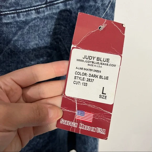 Judy Blue Vintage A-Line Skater Dress In Dark Blue Acid Wash Open Back Size L - Picture 4 of 10